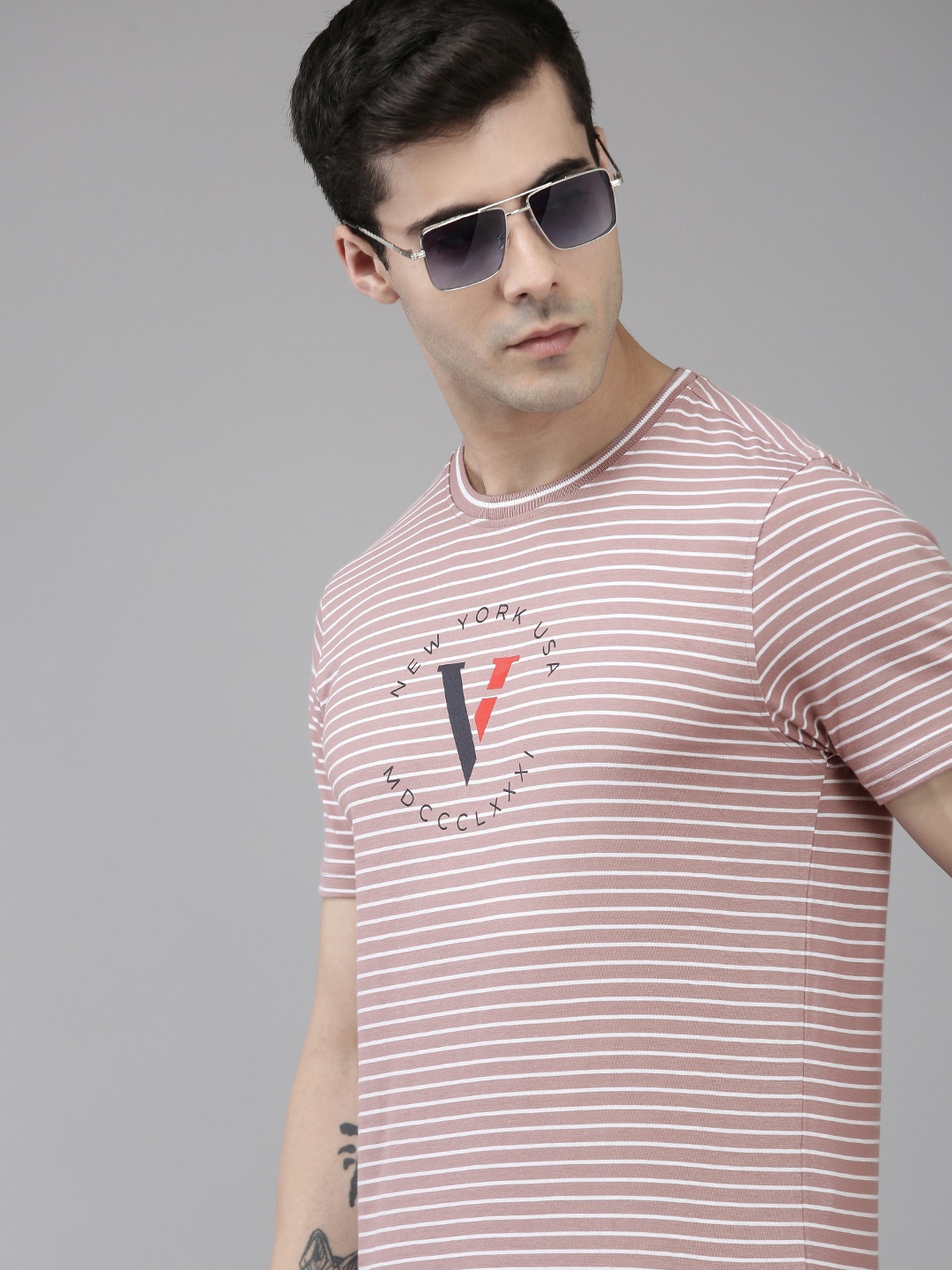 

Van Heusen Sport Round Neck Typography Striped Pure Cotton T-shirt, Mauve