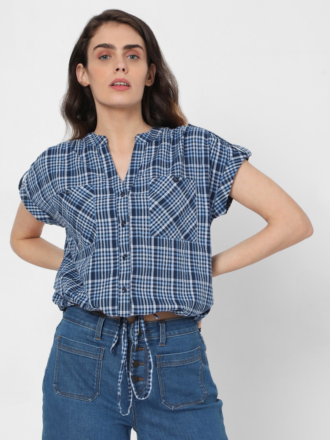 

Vero Moda Checked Mandarin Collar Crop Top, Blue