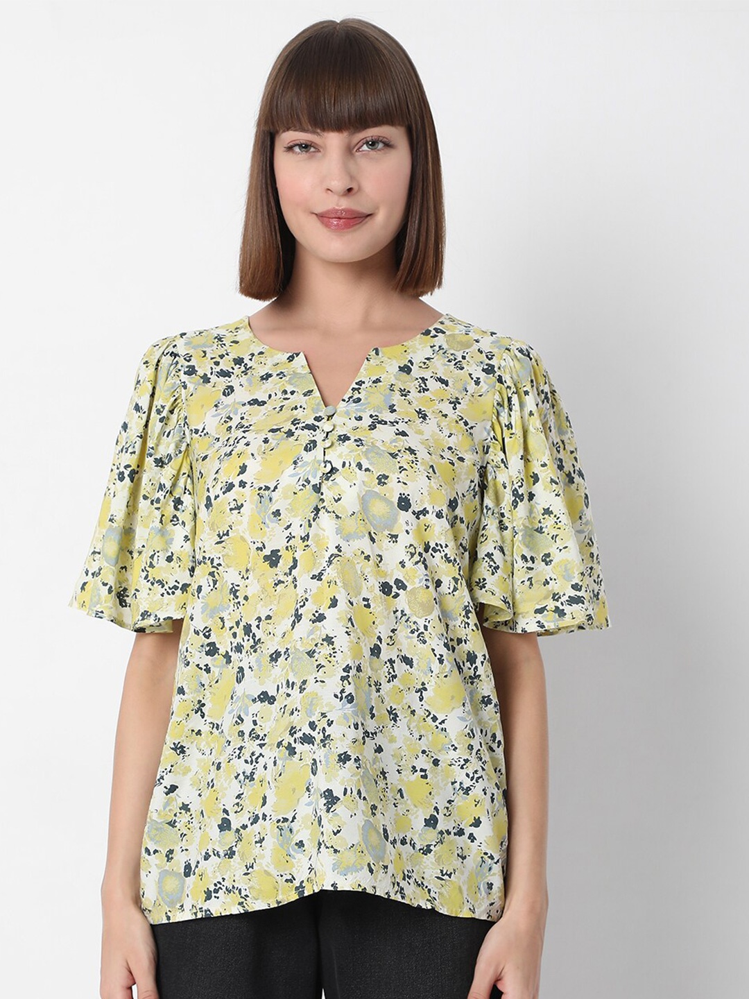 Vero Moda Floral Printed Flared Sleeves Top, Yellow
