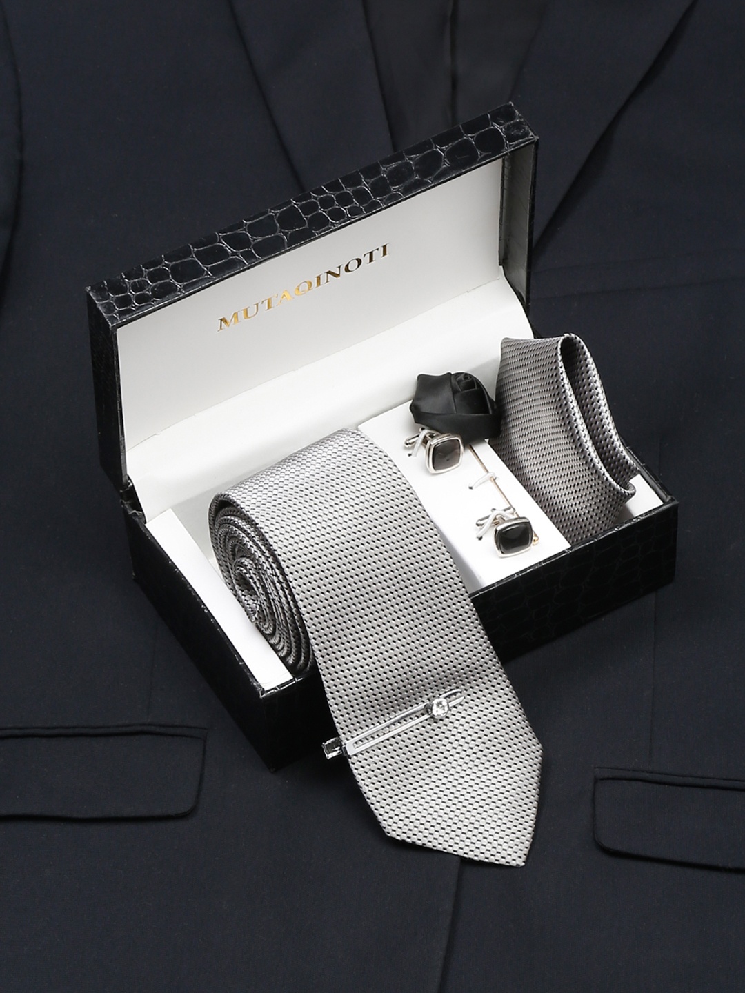 MUTAQINOTI Men Printed Silk Formal Accessory Gift Set, Grey