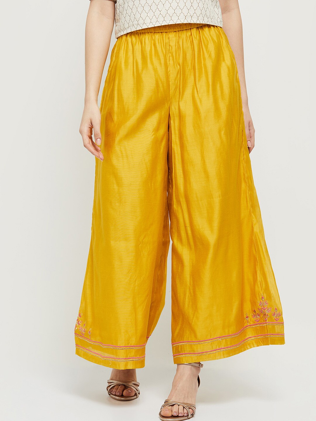 max Women Embroidered Wide Leg Palazzos, Mustard