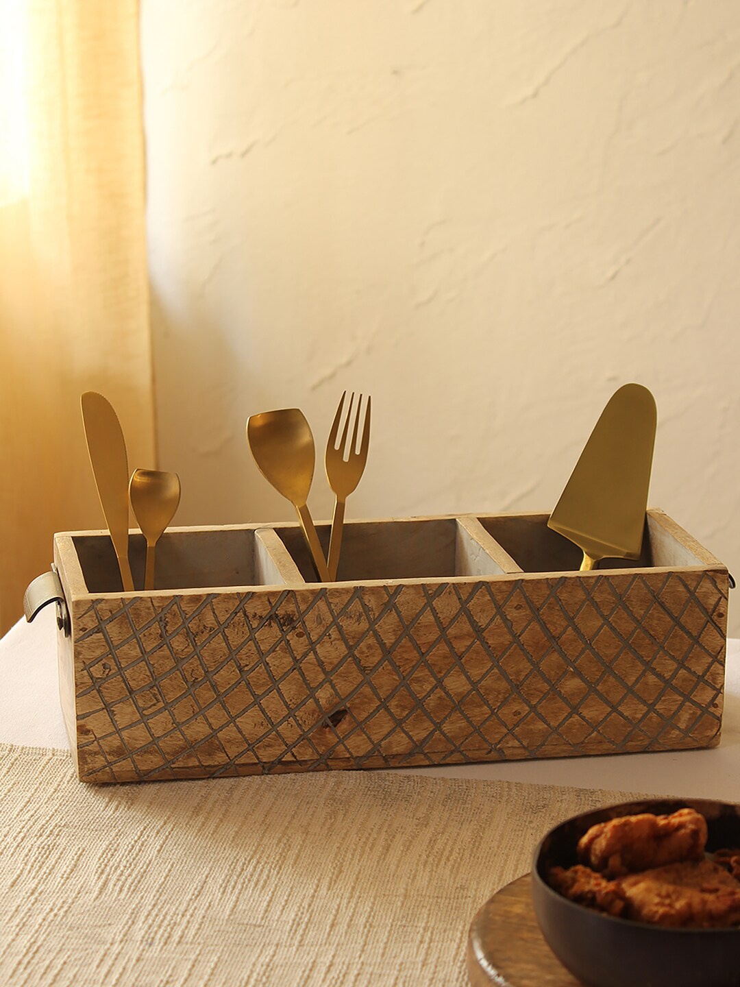 

House This Balugaon Beige Wooden Cutlery Holder, White