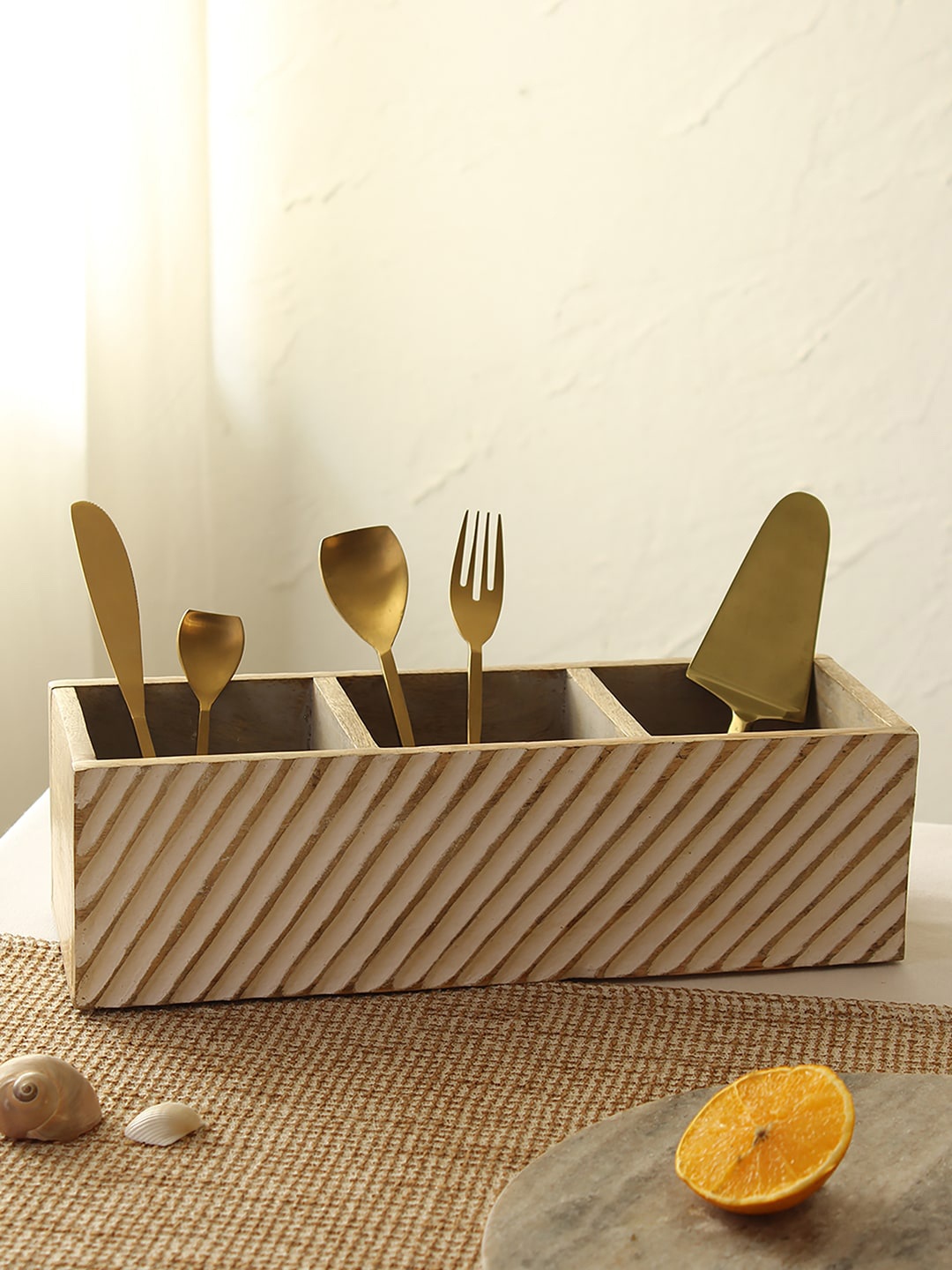 

House This White Leela Cutlery holder Storage Box With Three Compartment