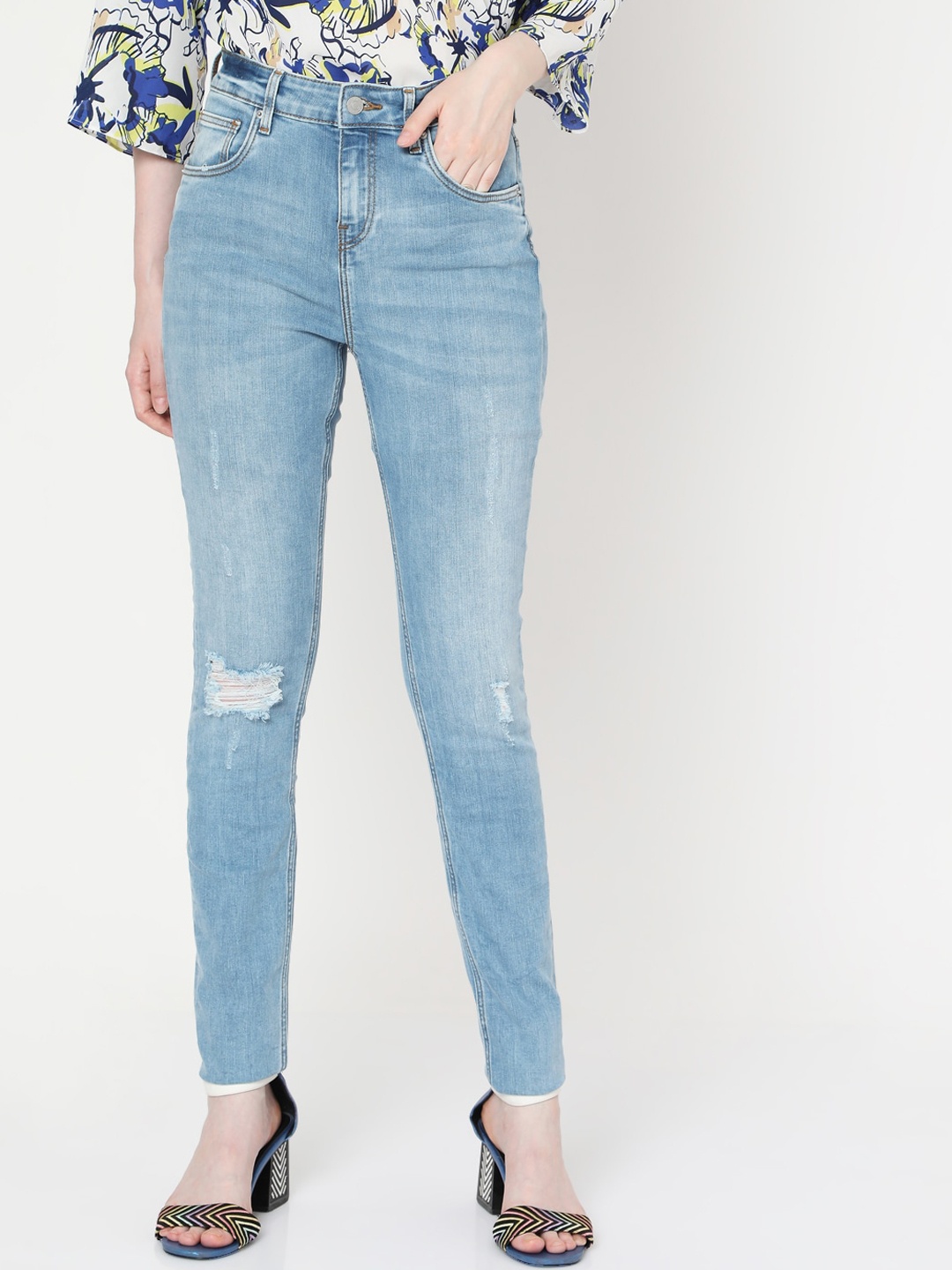 

Vero Moda Women Cotton Skinny Fit High-Rise Low Distress Heavy Fade Jeans, Blue