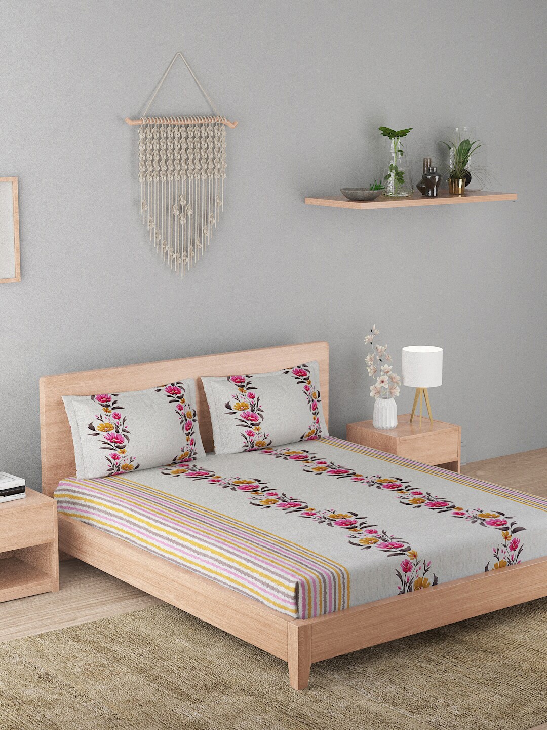 

A Homes Grace Esteem White & Pink Floral Cotton 180 TC Queen Bedsheet with 2 Pillow Covers