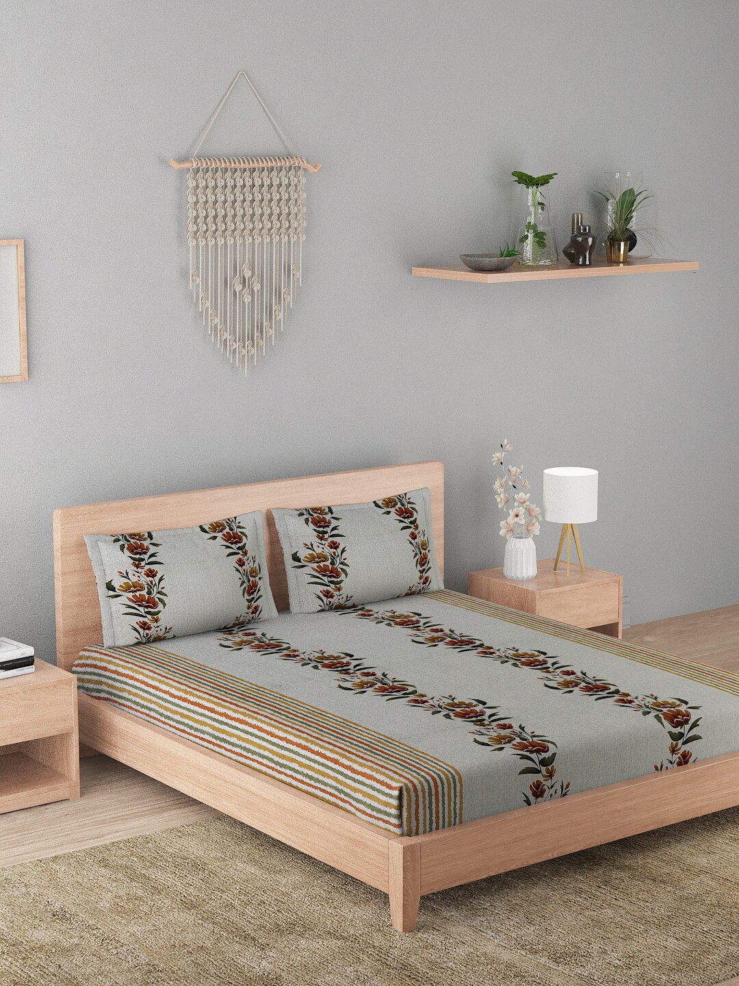 

A Homes Grace Esteem Grey & Brown Floral Cotton 180 TC Queen Bedsheet with 2 Pillow Covers