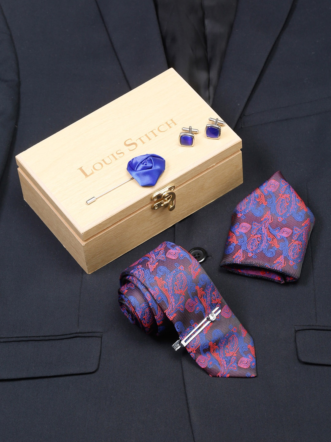 

LOUIS STITCH Men Italian Silk Necktie Accessory Gift Set, Purple