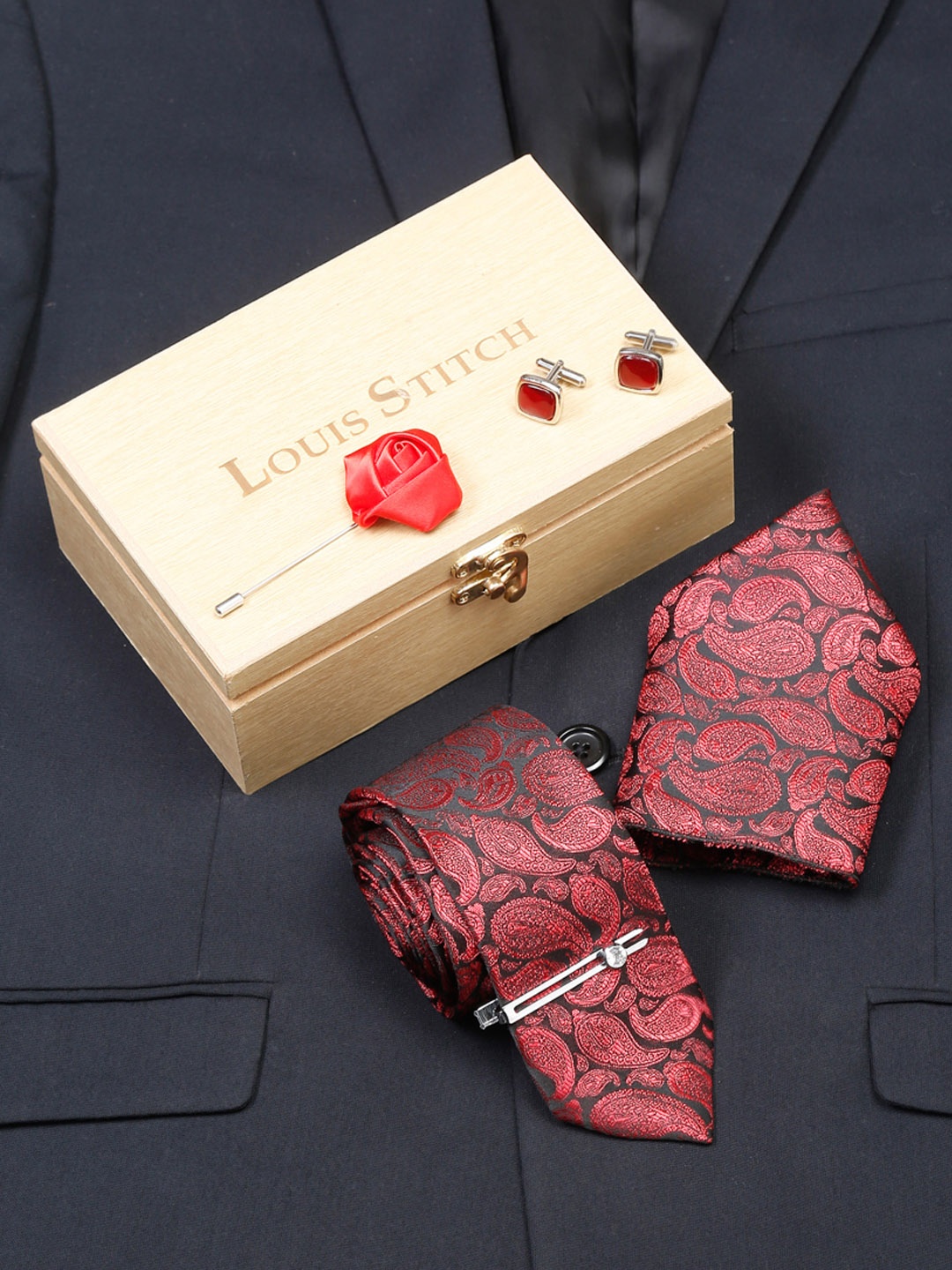 

LOUIS STITCH Men Wine Red Italian Silk Necktie Accessory Gift Set