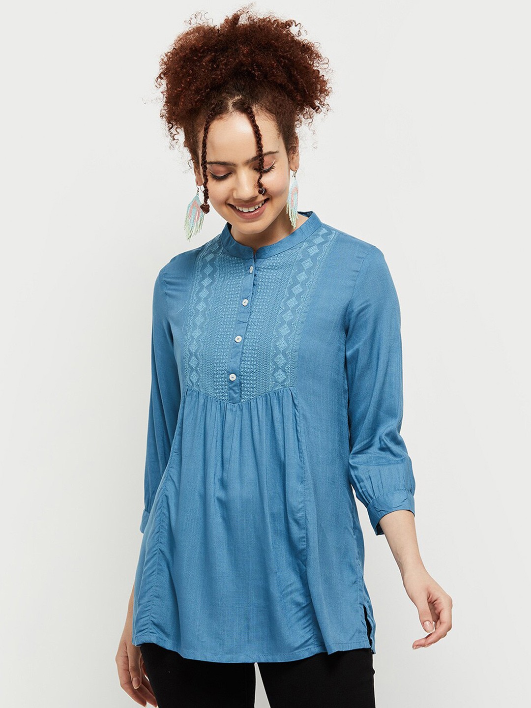 

max Embellished Mandarin Collar Shirt Style Top, Blue