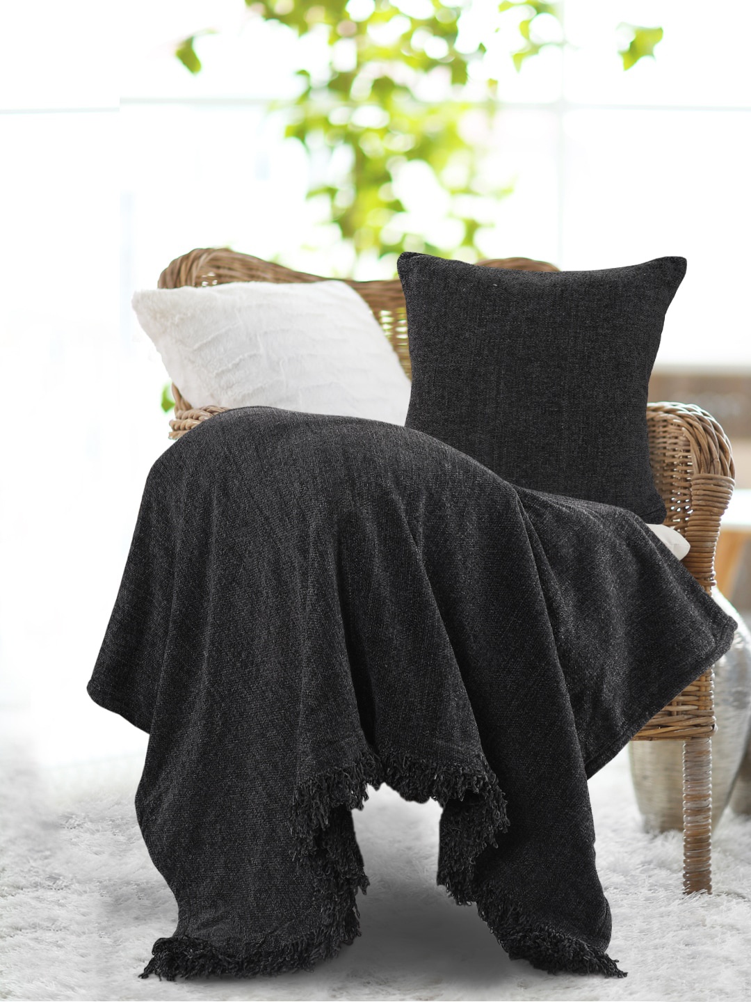

SASHAA WORLD Pure Cotton Blanket & Cushion, Charcoal