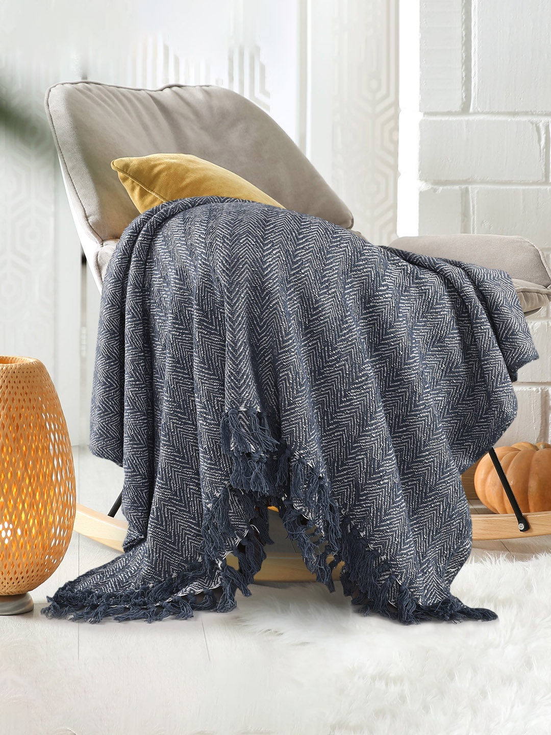 

SASHAA WORLD Self Design Cotton Throws, Navy blue