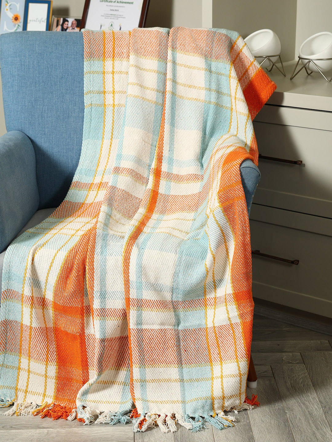 

SASHAA WORLD Checked Pure Cotton Throw, White