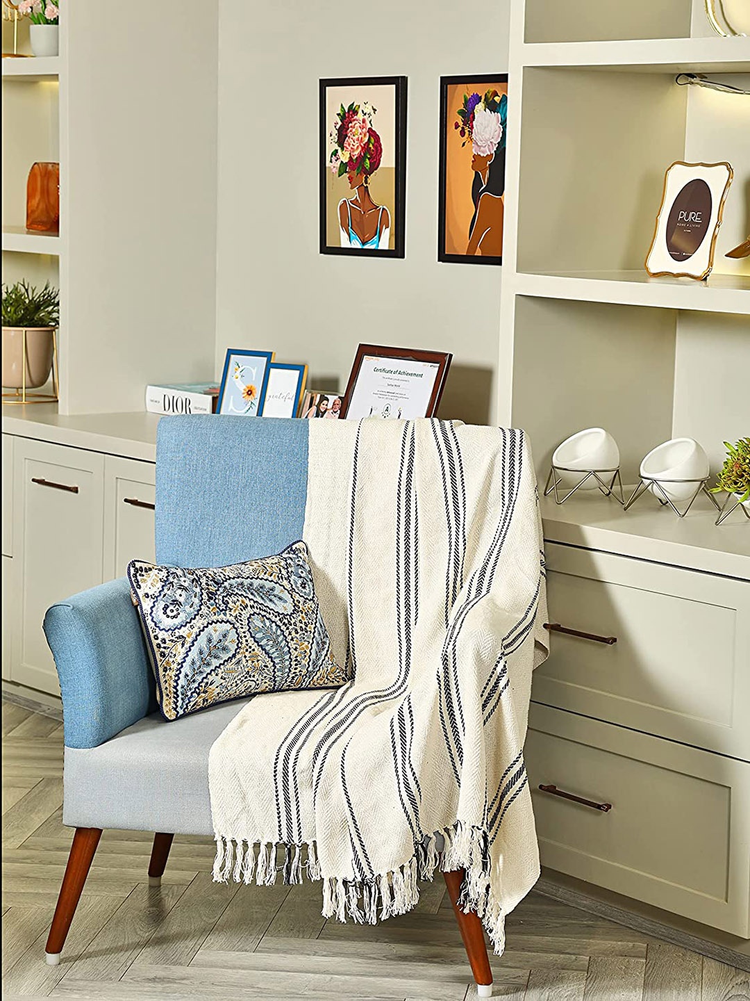 

SASHAA WORLD Striped Cotton Throws, White