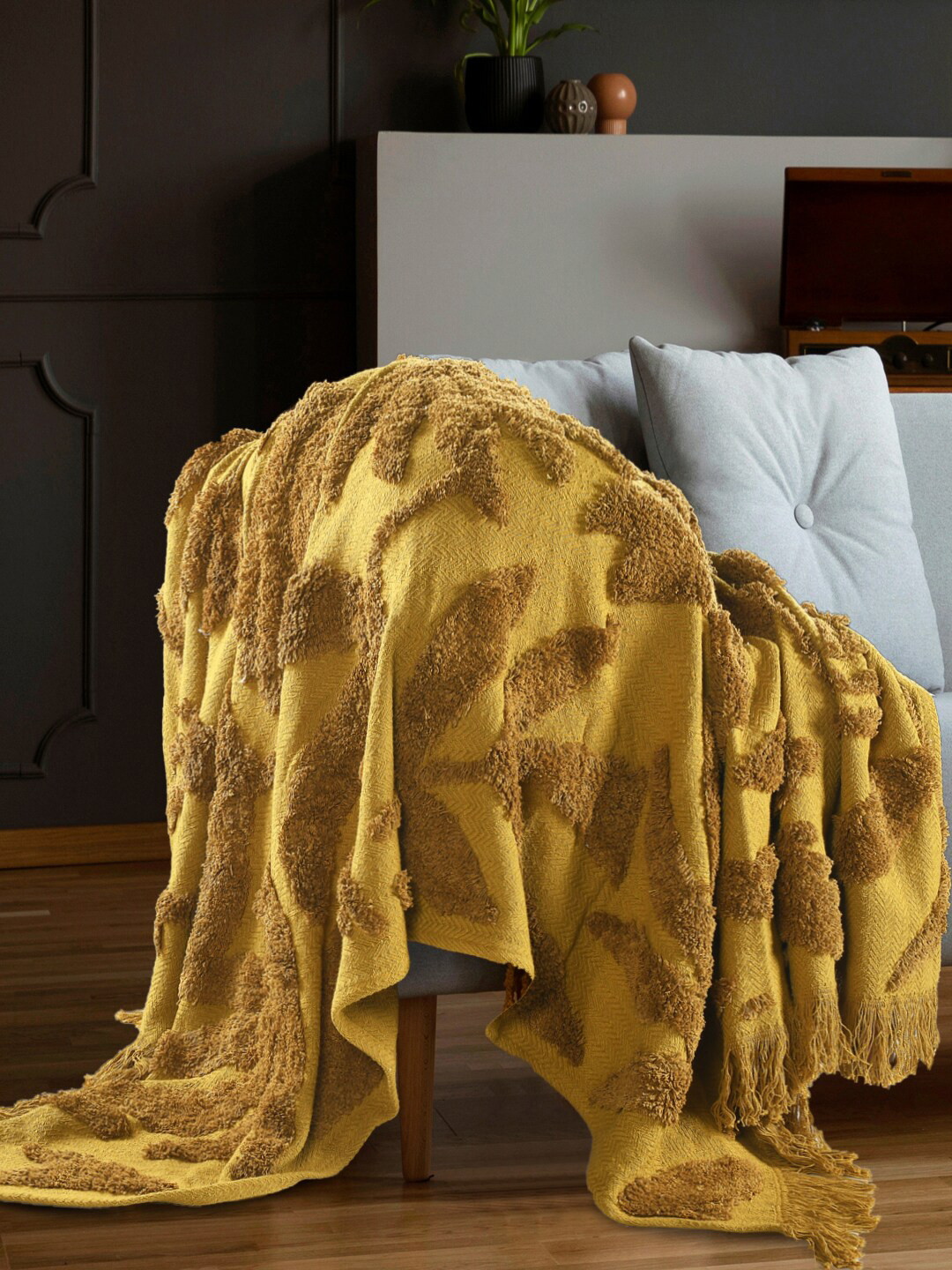 

SASHAA WORLD Gold Self Design Cotton Throws With Tassels
