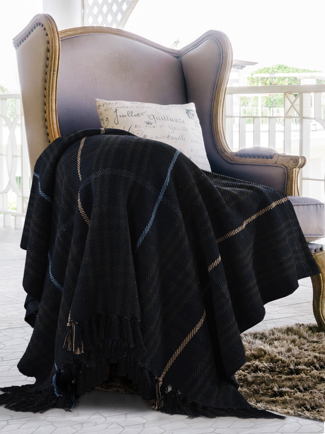 

SASHAA WORLD Navy Blue Self-Design Cotton Throws