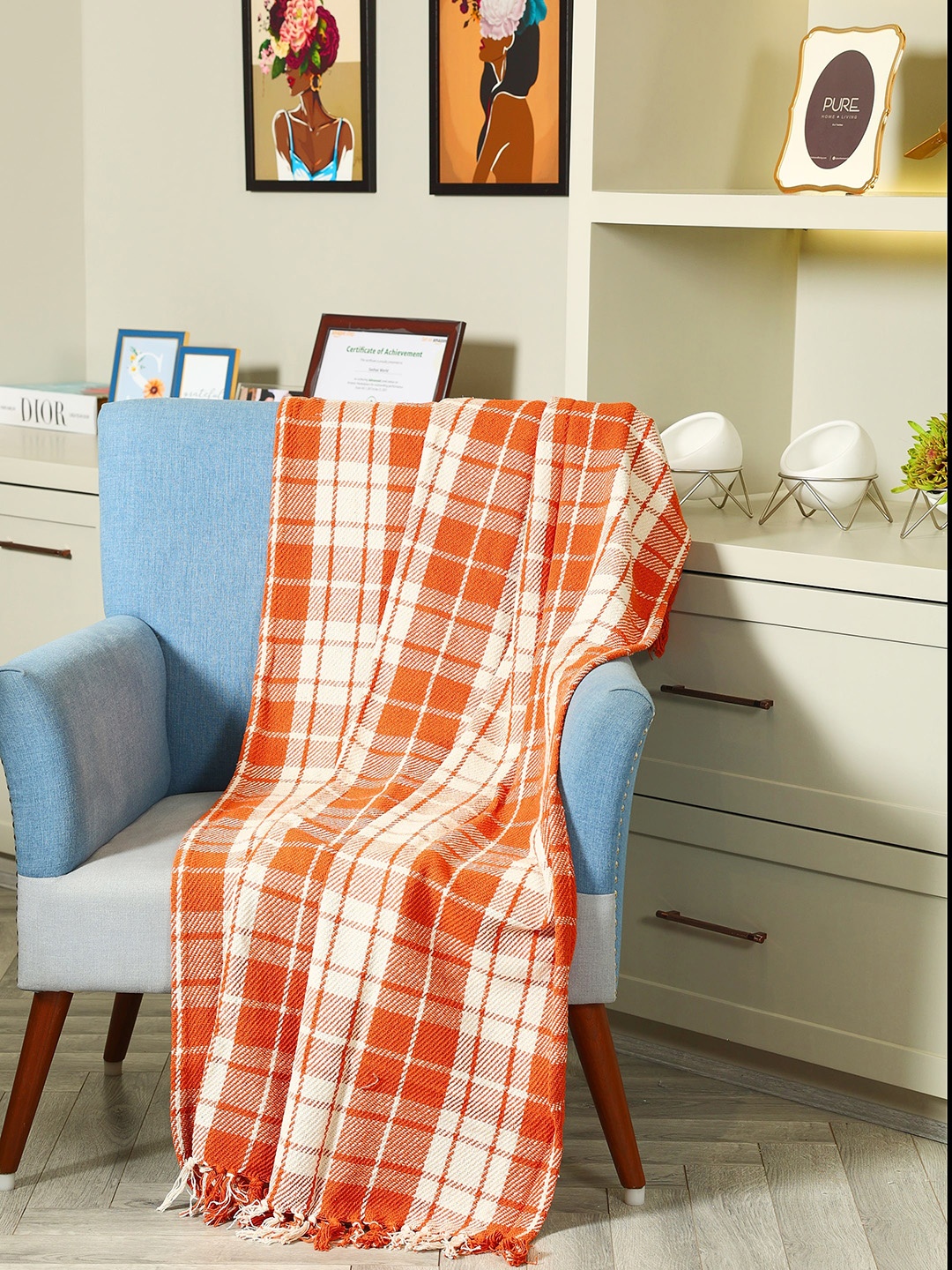 SASHAA WORLD White & Orange-Color Checked Pure Cotton Blanket