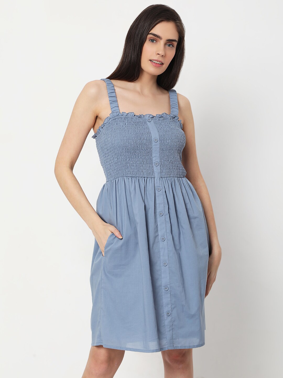 

Vero Moda Smocked Detailed Pinafore Cotton Dress, Blue