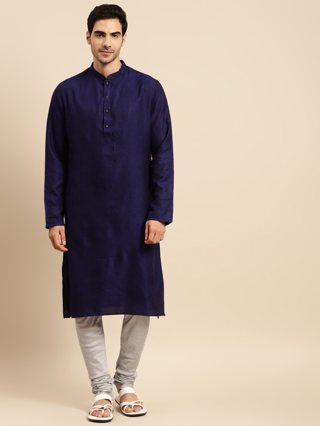 

KISAH Men Ethnic Motifs Thread Work Jacquard Kurta, Blue