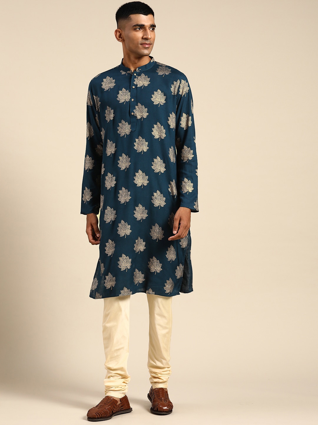 

KISAH Printed Mandarin Collar Long Sleeve Straight Regular Kurta, Blue
