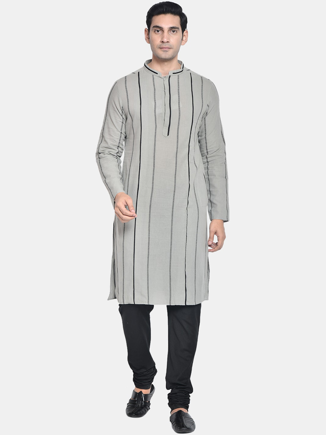 

KISAH Striped Mandarin Collar Long Sleeve Straight Regular Cotton Kurta, Grey