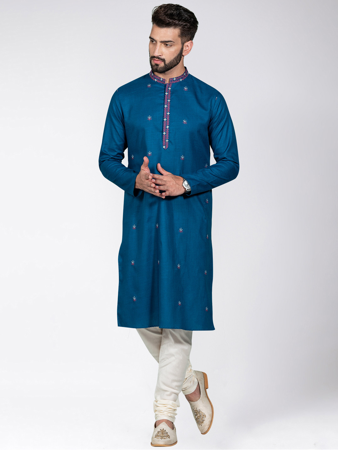 

KISAH Ethnic Motifs Embroidered Straight Regular Cotton Kurta, Blue