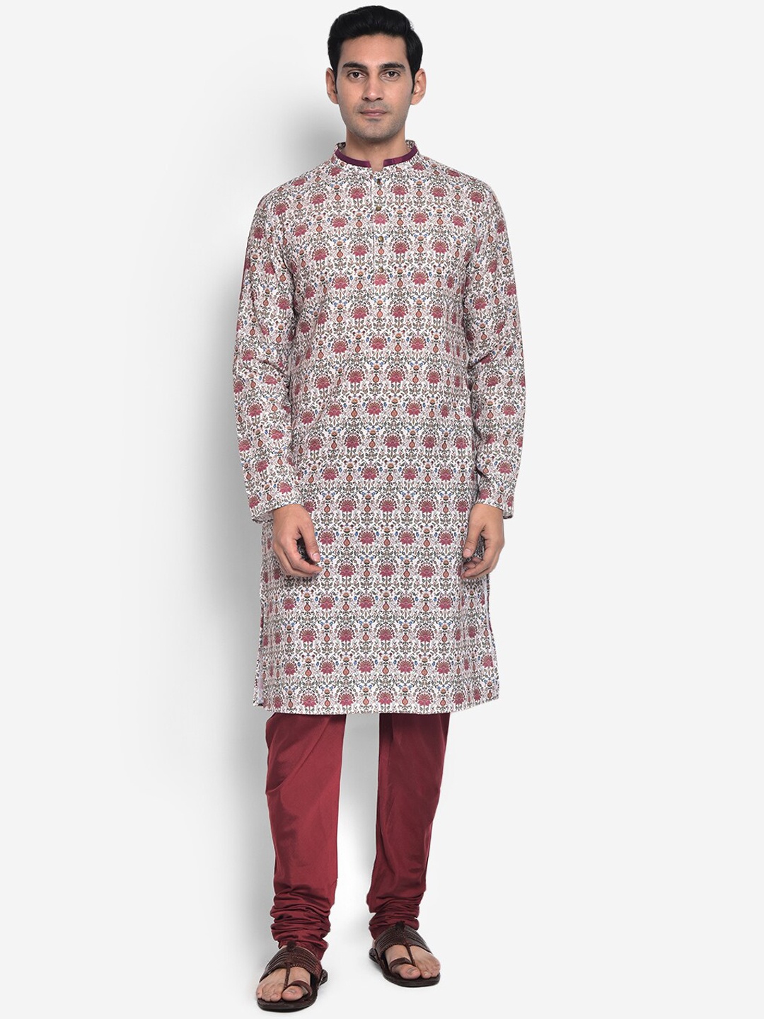 

KISAH Mandarin Collar Long Sleeves Floral Printed Cotton Kurta, Cream