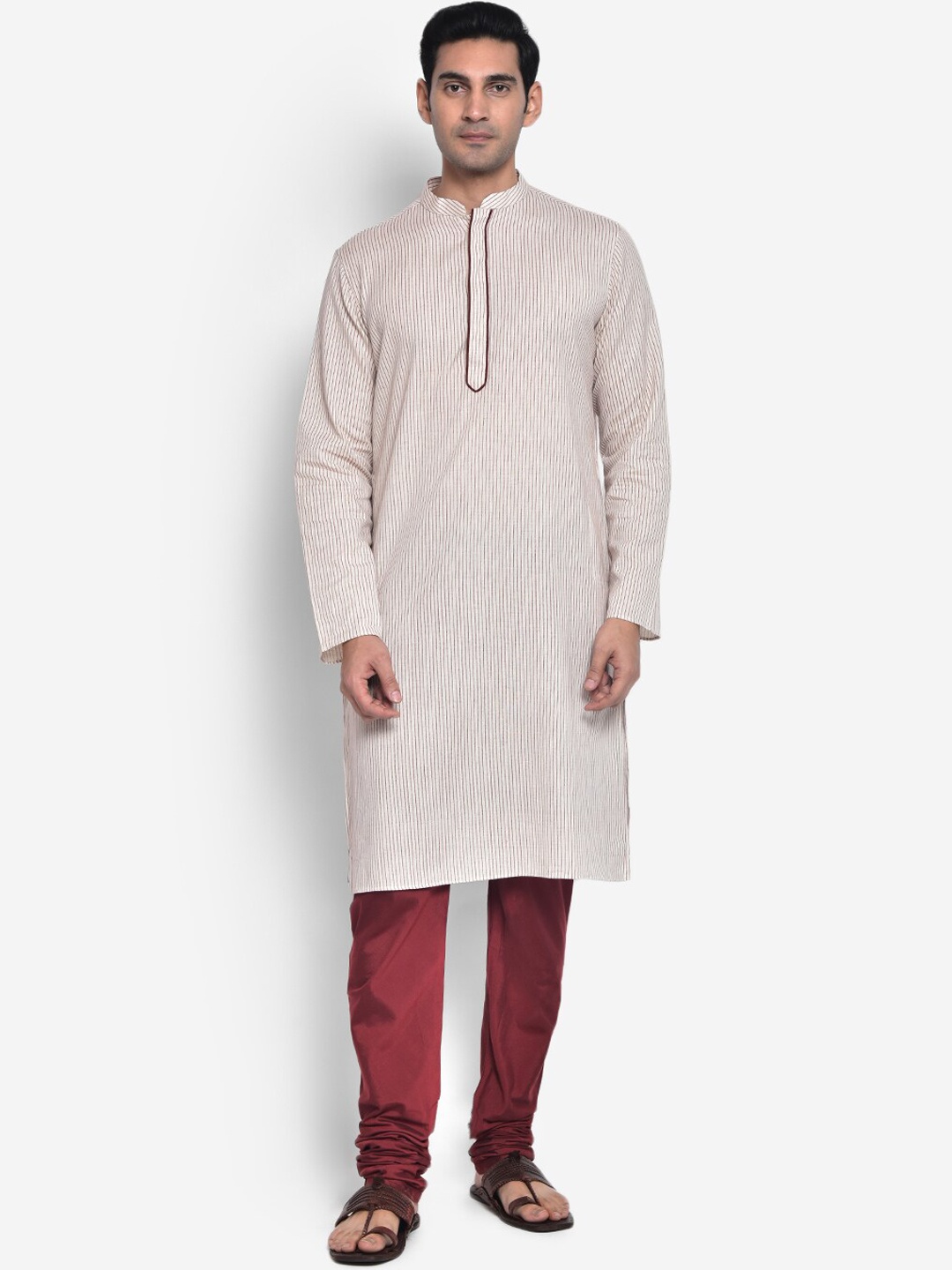 KISAH Men Striped Woven Design Kurta, Cream