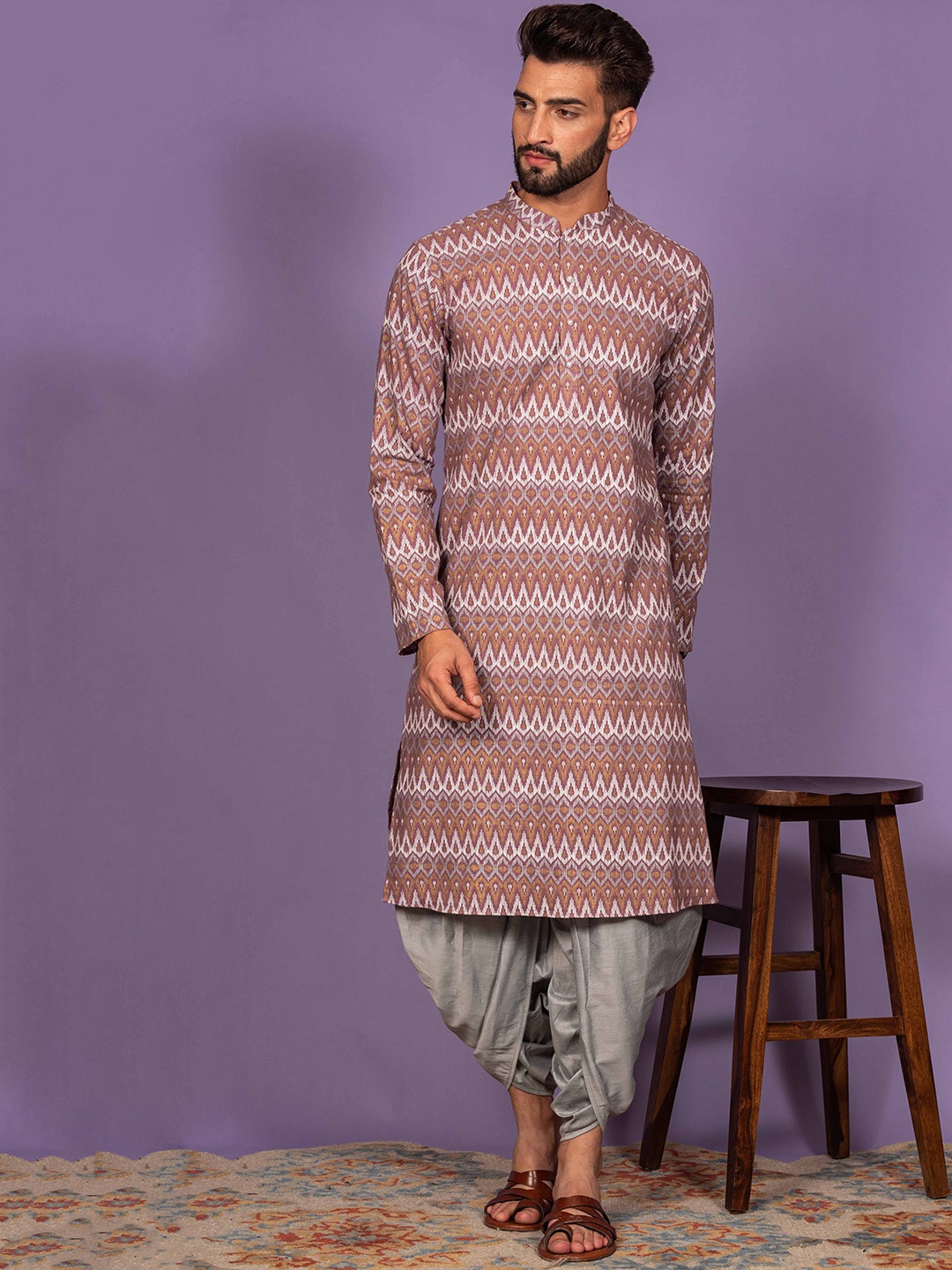 KISAH Men Printed Kurta With Dhoti Pants, Purple