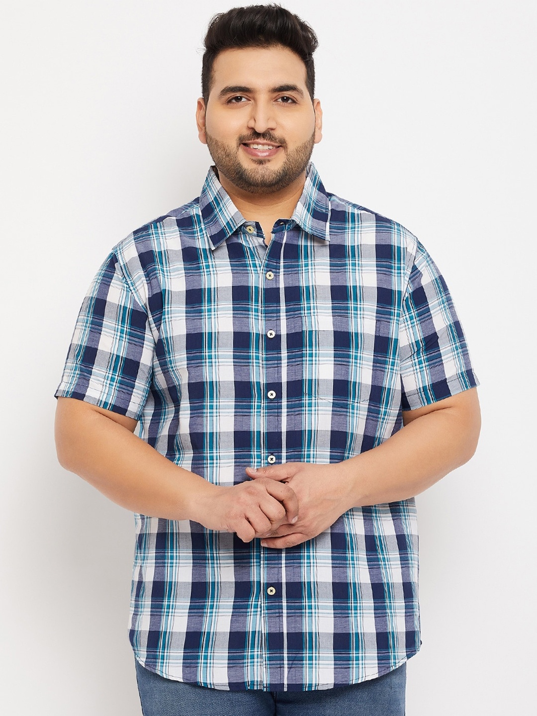 

bigbanana Men Plus size Cotton Tartan Checks Checked Casual Shirt, Blue