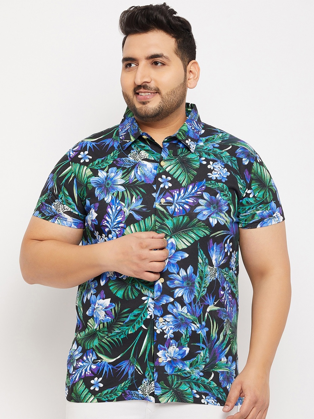 

bigbanana Men Plus Size Cotton Floral Printed Casual Shirt, Black