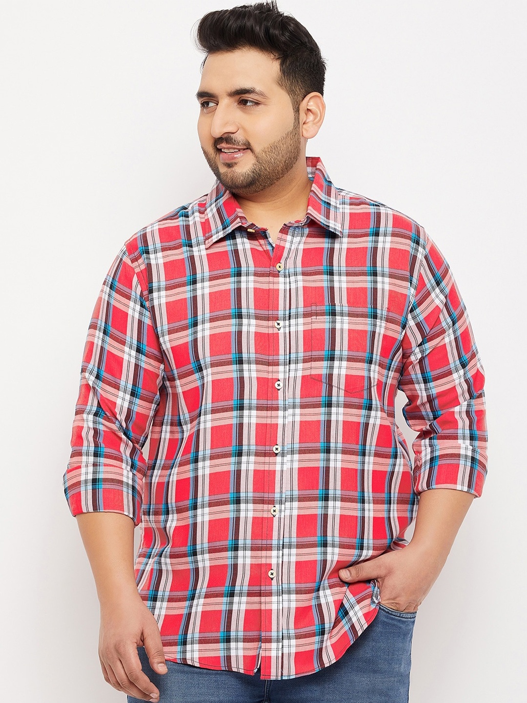 bigbanana Men Plus Size Tartan Checks Checked Cotton Casual Shirt, Red