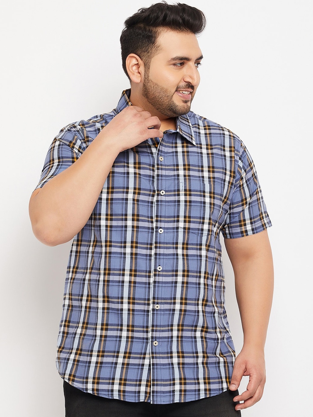 

bigbanana Men Plus Size Tartan Checks Casual Cotton Shirt, Blue