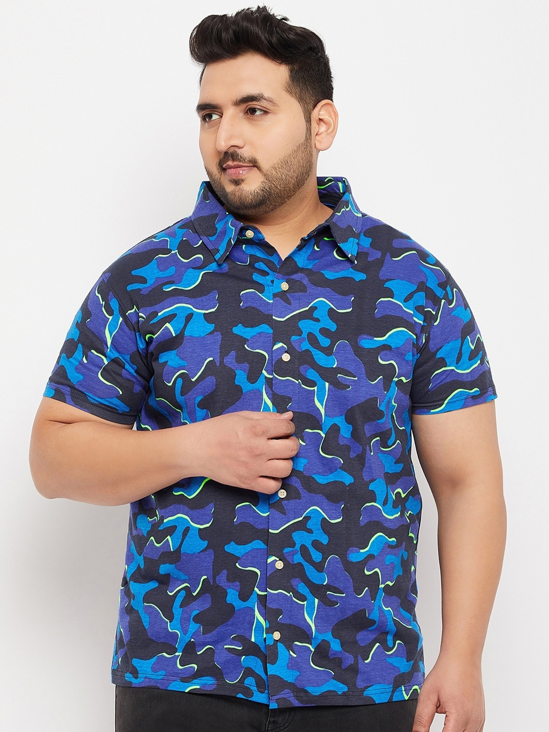 

bigbanana Men Plus Size Printed Casual Cotton Shirt, Blue