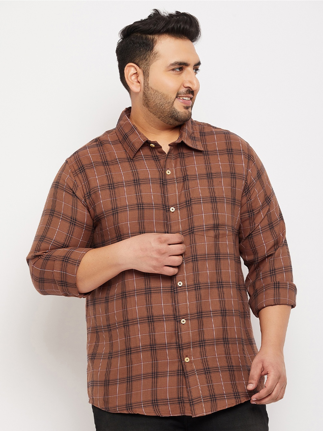 

bigbanana Men Plus Size Tartan Checks Checked Casual Shirt, Brown