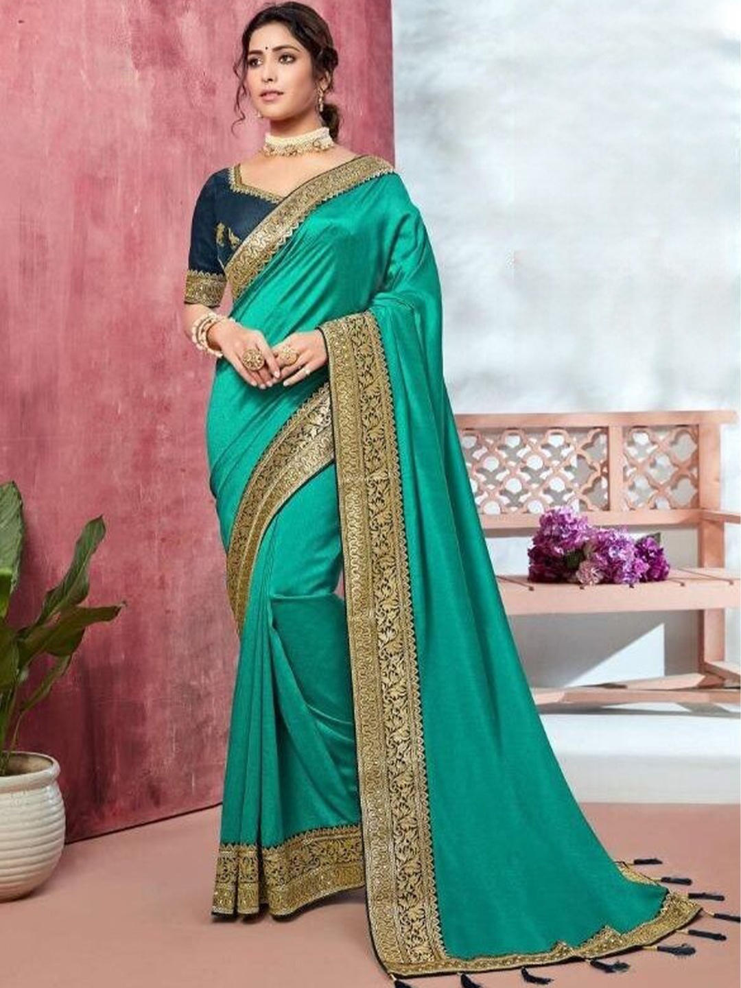 

SHAIBO SAREE Embroidered Silk Cotton Saree, Blue