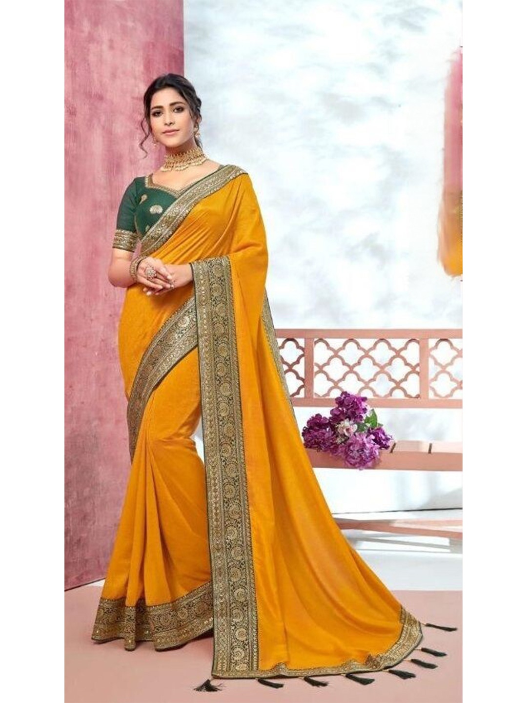 

SHAIBO SAREE Embroidered Silk Cotton Saree, Yellow