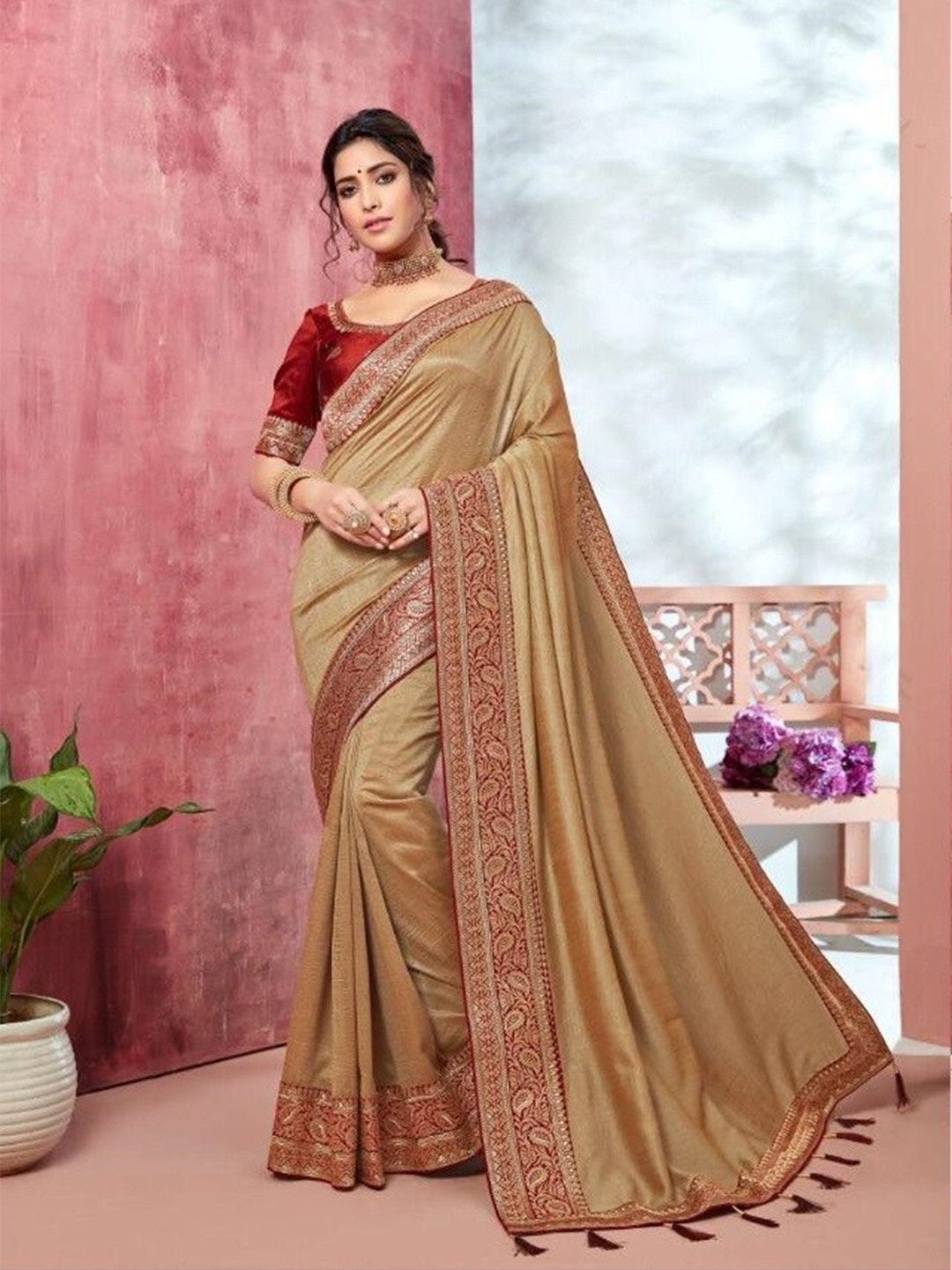 

SHAIBO SAREE Embroidered Silk Cotton Saree, Coffee brown