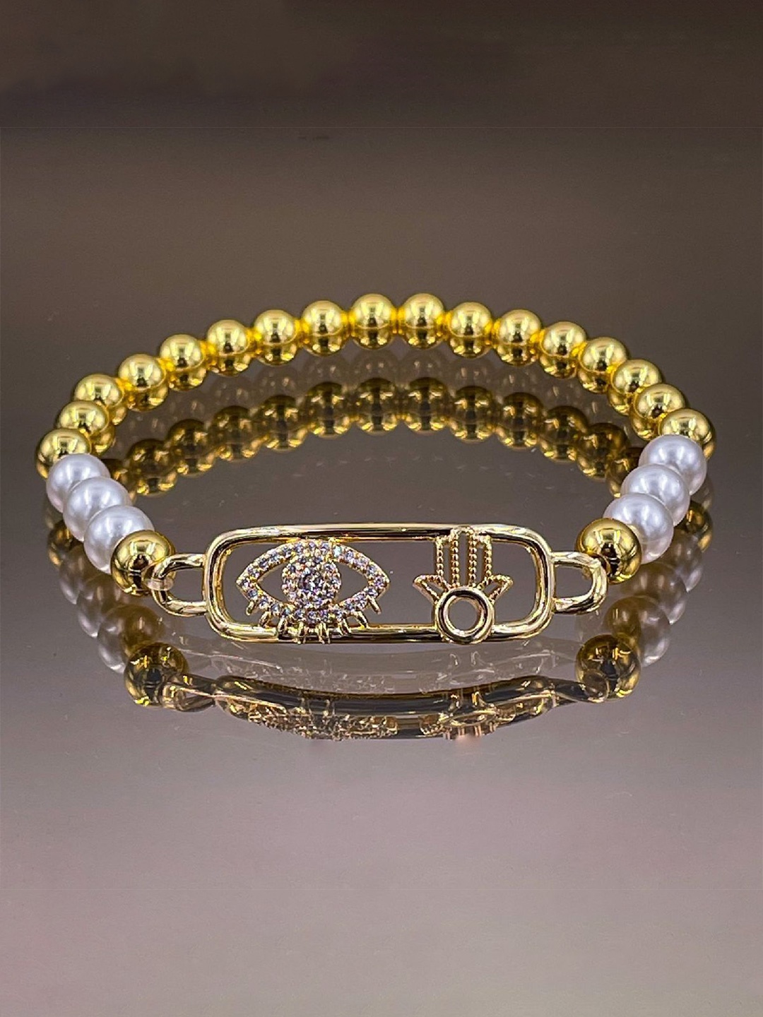 

ZIVOM Women Cubic Zirconia Gold Plated Pearl Beaded Bracelet