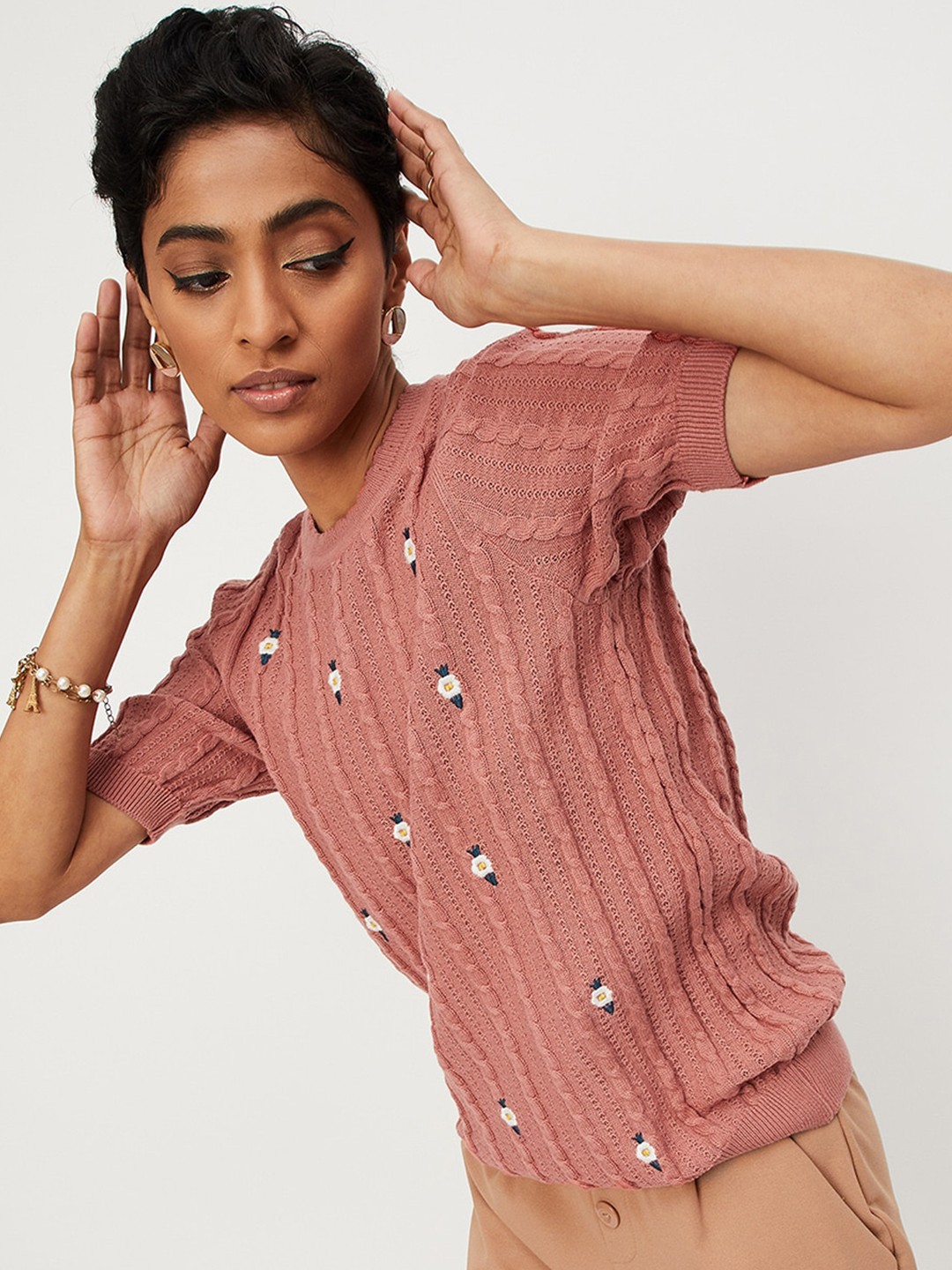 

max Women Peach-Coloured Cable Knit Pullover with Embroidered Detail