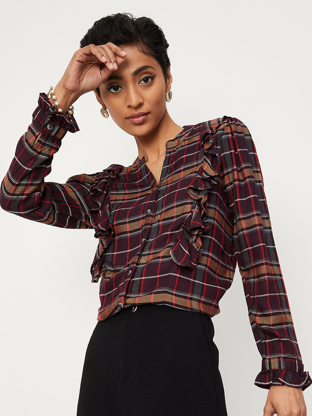 

max Red Checked Ruffles Shirt Style Top