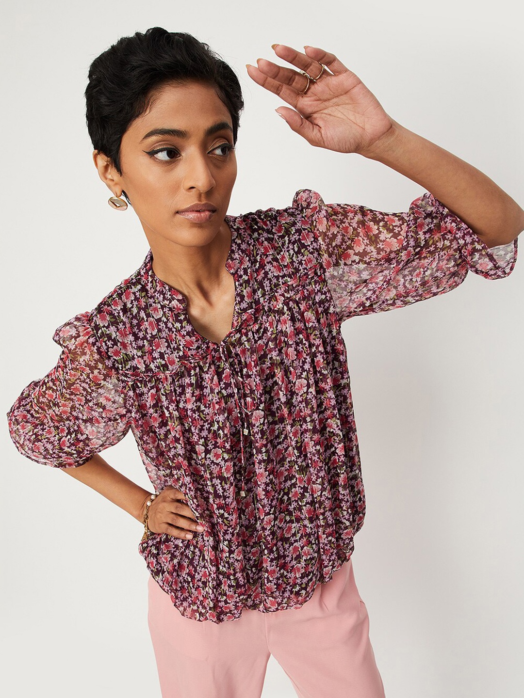 

max Floral Print Mandarin Collar Top, Red