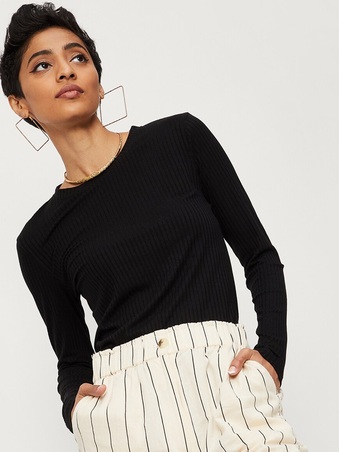 

max Self Design Round Neck Top, Black