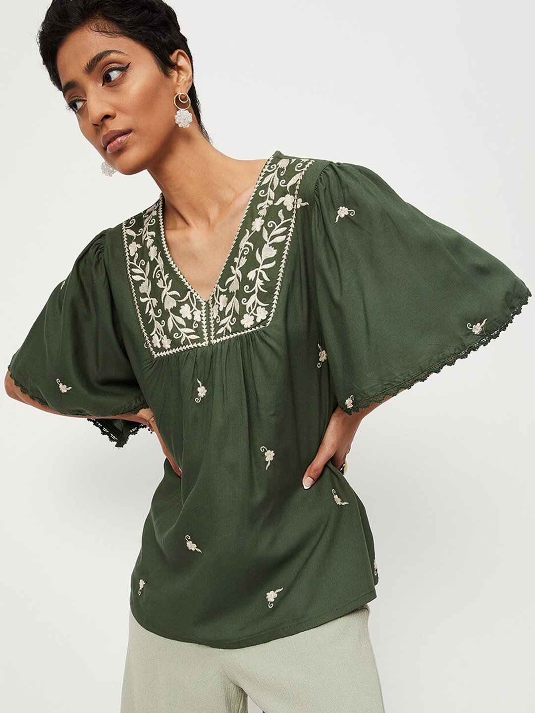 

max Floral Embroidered Flared Sleeve Top, Green