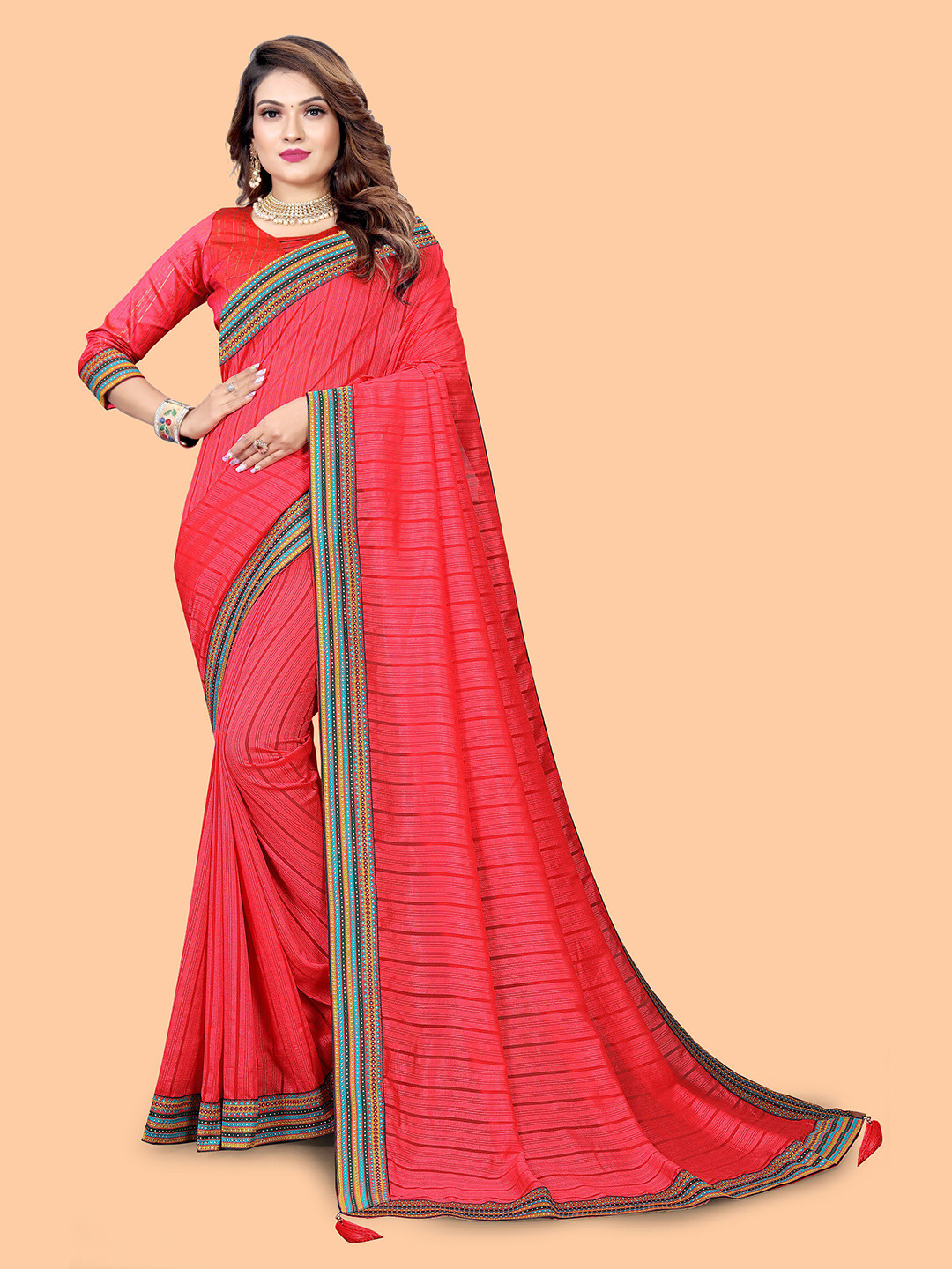 

SHAIBO SAREE Leheriya Silk Cotton Saree, Pink