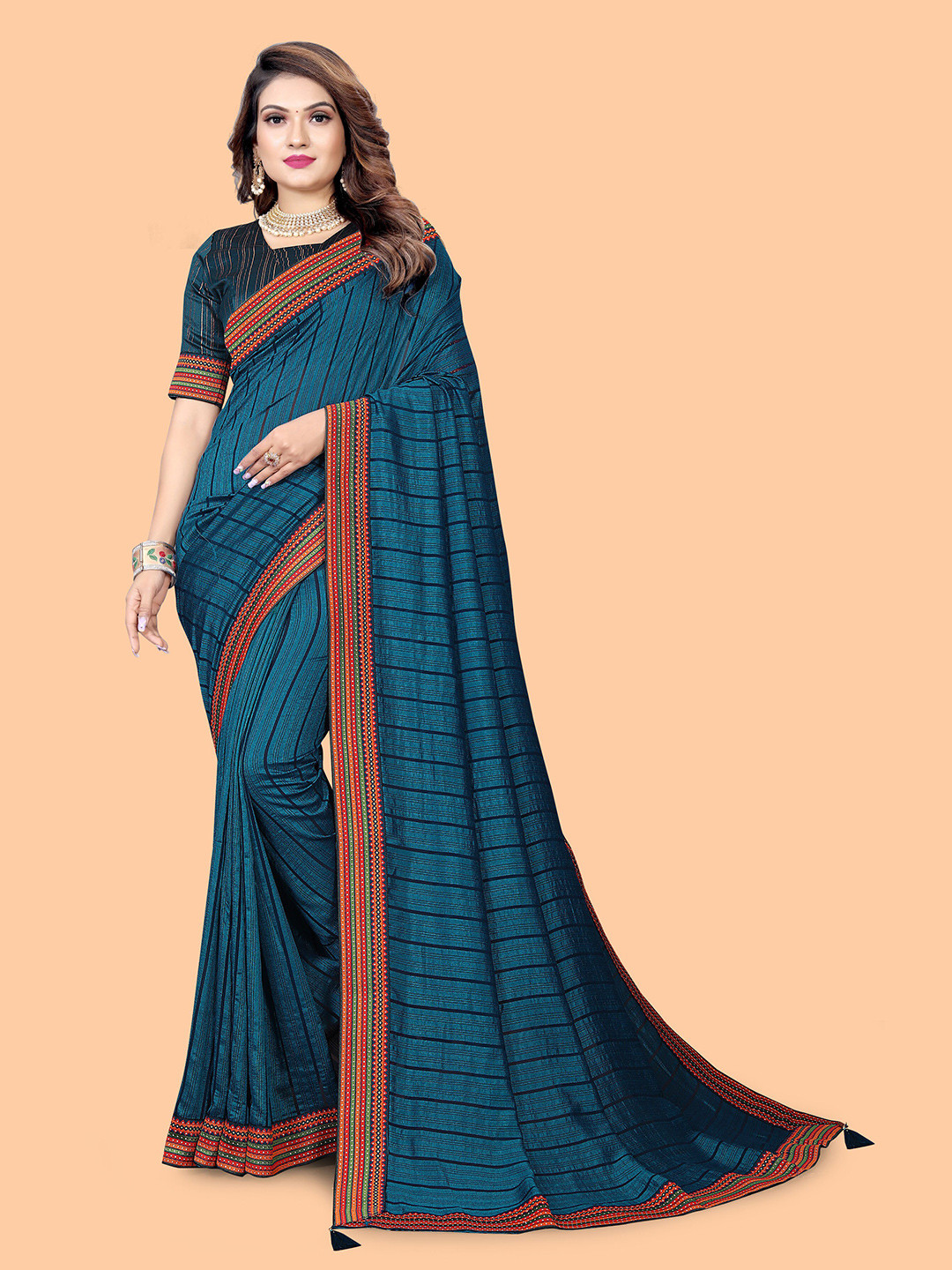 

SHAIBO SAREE Leheriya Silk Cotton Saree, Navy blue