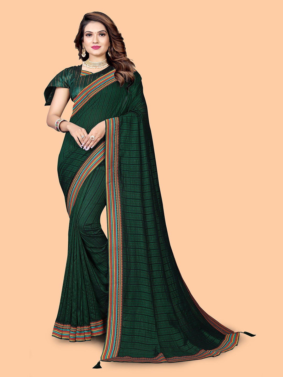 

SHAIBO SAREE Leheriya Silk Cotton Saree, Green