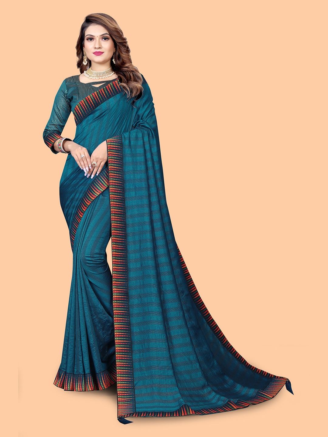 

SHAIBO SAREE Leheriya ilk Cotton Saree, Navy blue