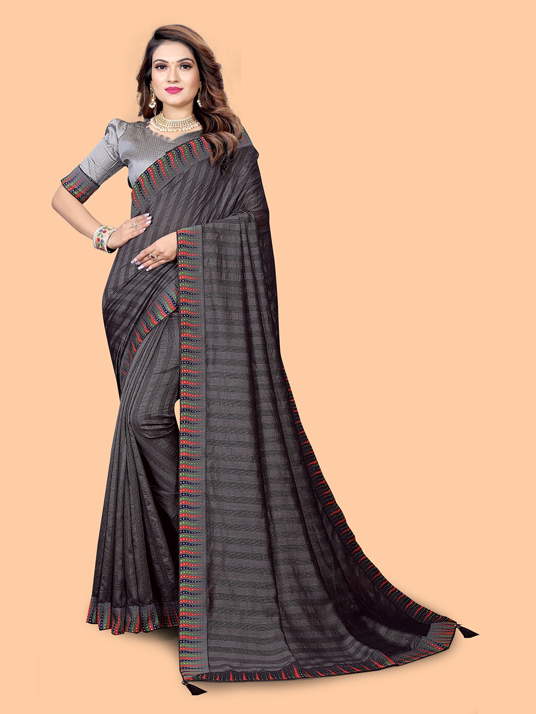 

SHAIBO SAREE Leheriya Silk Cotton Saree, Grey