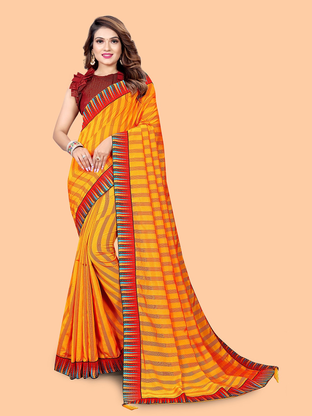 

SHAIBO SAREE Leheriya Silk Cotton Saree, Yellow