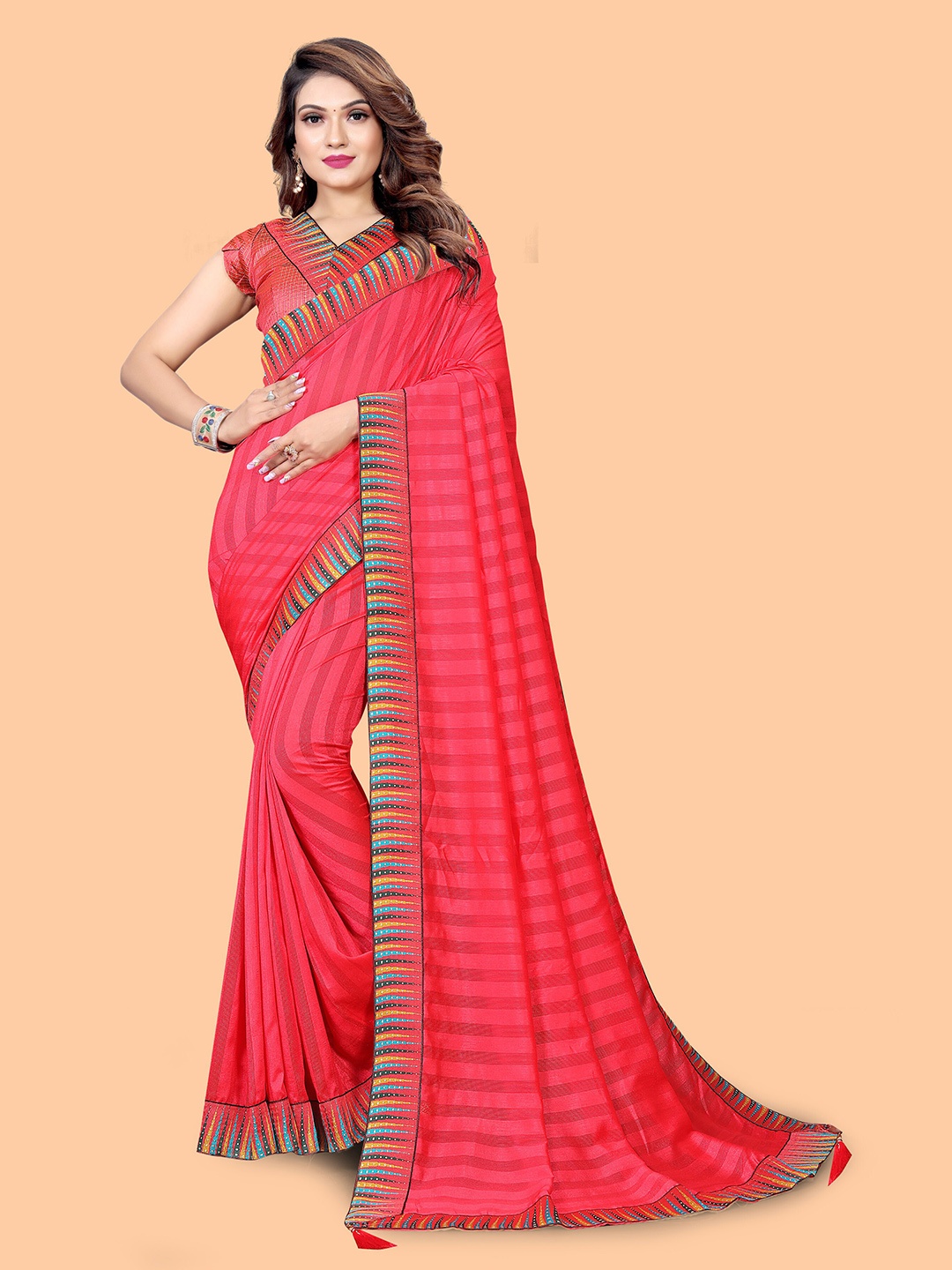 

SHAIBO SAREE Striped Silk Cotton Saree, Pink